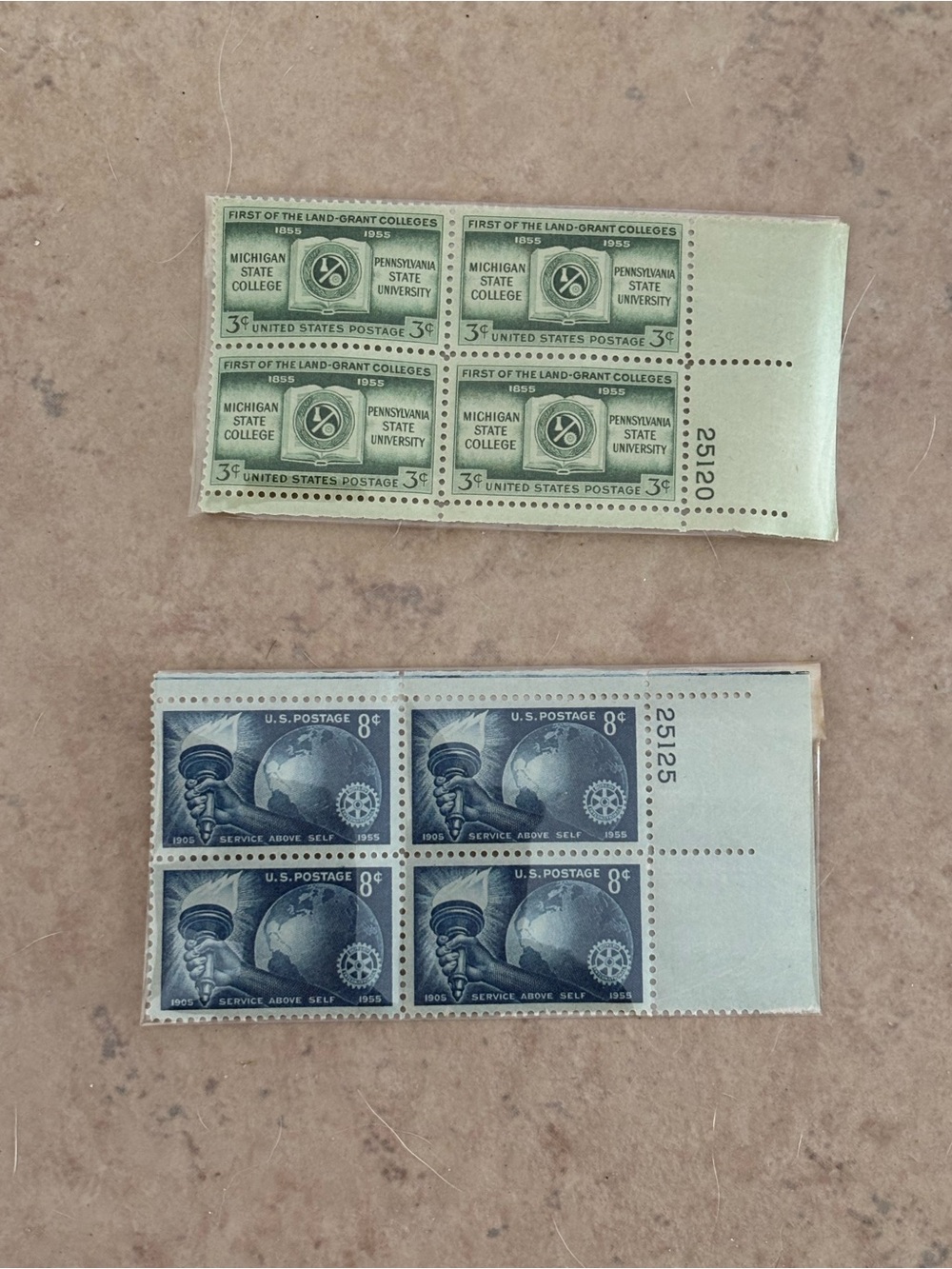 Vintage U.S. Postage Stamp Blocks - Green 3¢ & Blue 8¢